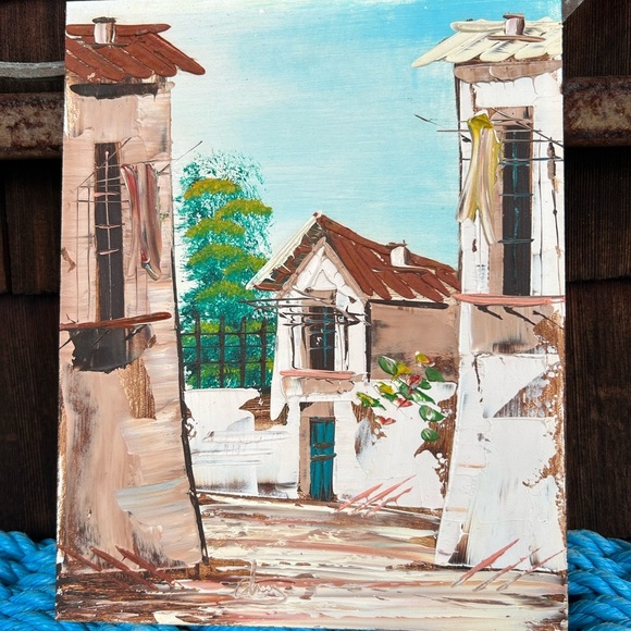 Oil painting of a rustic Spanish village on board measures 8.5 by 7 inches. - Picture 3 of 7